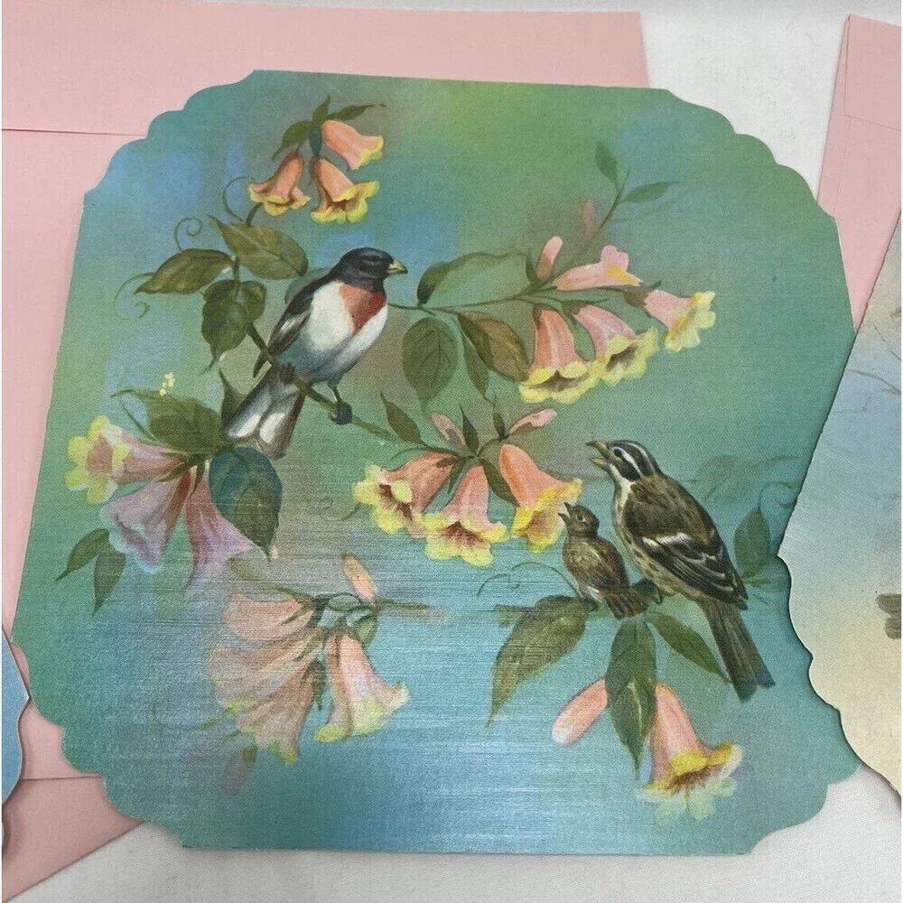 5 VINTAGE QUALITY CREST BEAUTIFUL BIRDS SCENES GREETING CARDS UNUSED ENVLEOPES